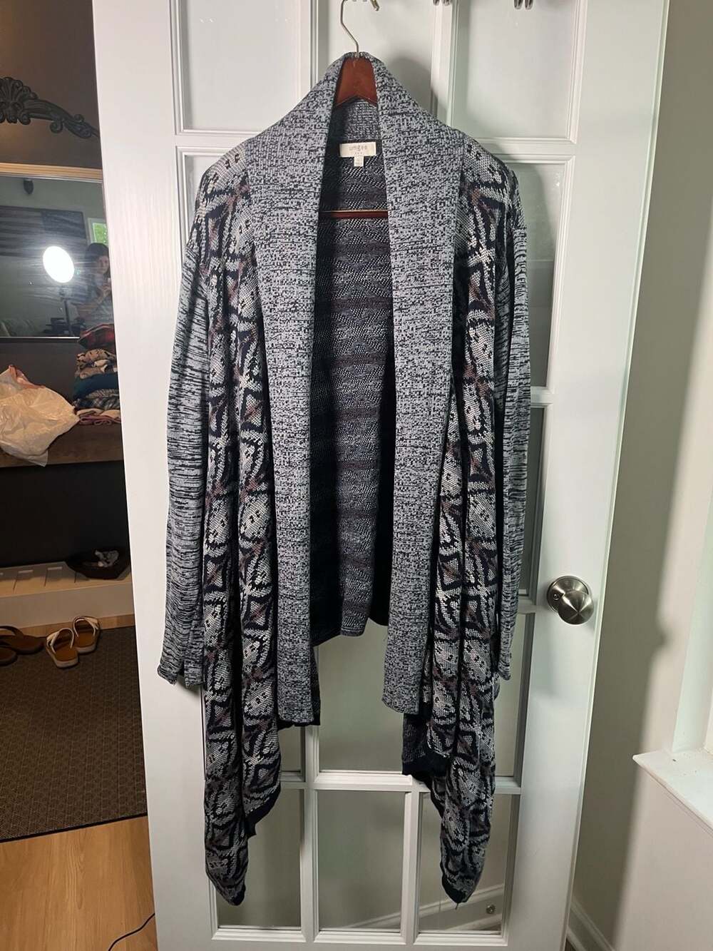 Umgee USA Women's Geometric Pattern Open Front Asymmetric Waterfall Cardigan